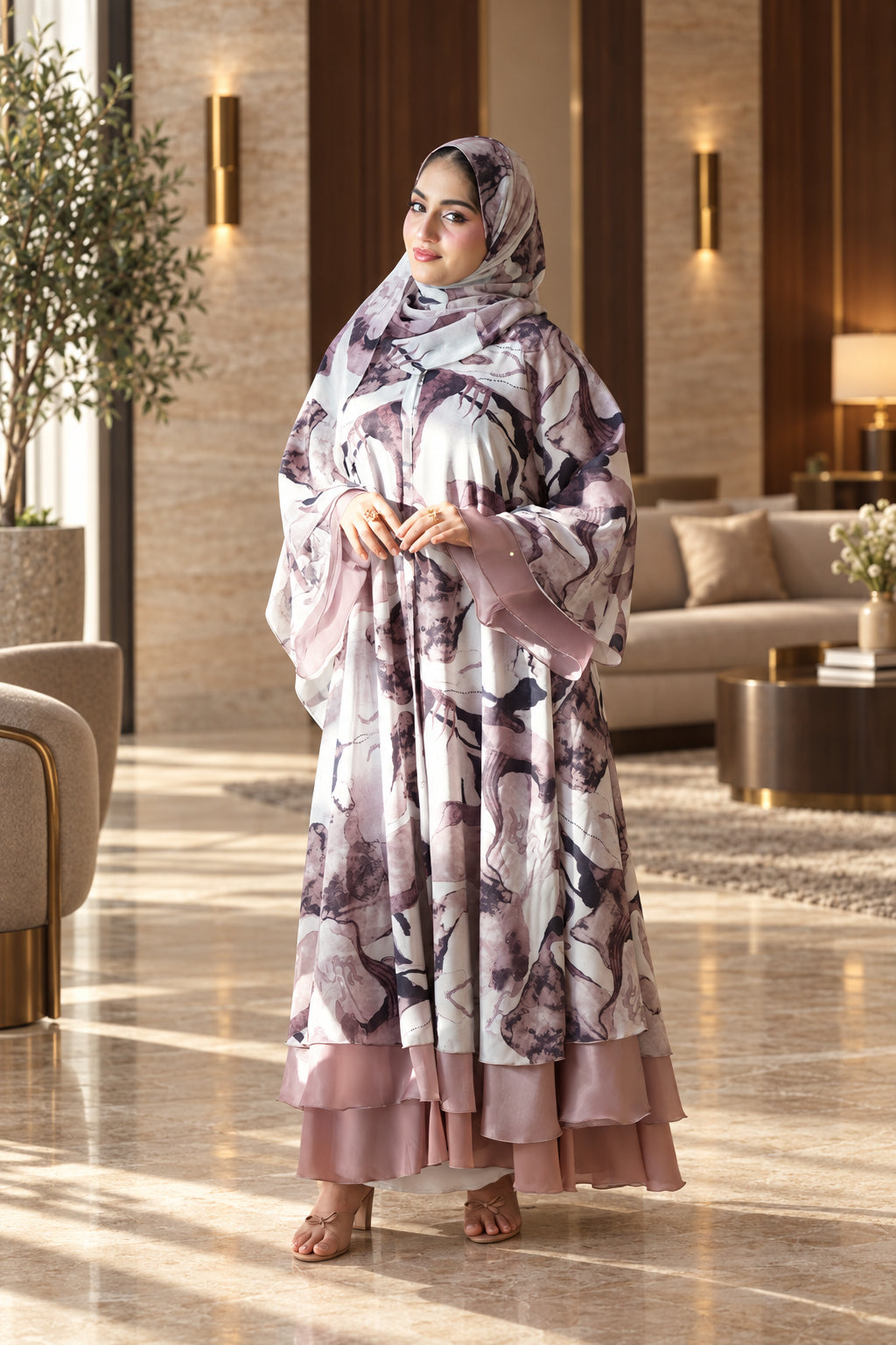 Blush Abstract Floral Layered Abaya Set - 092661