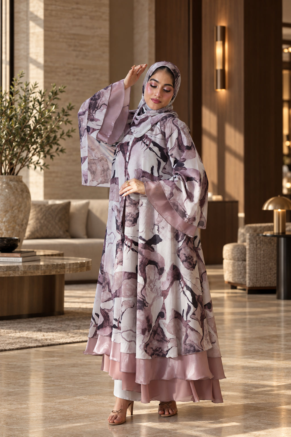 Blush Abstract Floral Layered Abaya Set - 092661