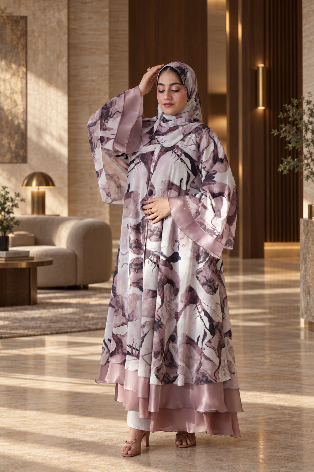 Blush Abstract Floral Layered Abaya Set - 092661