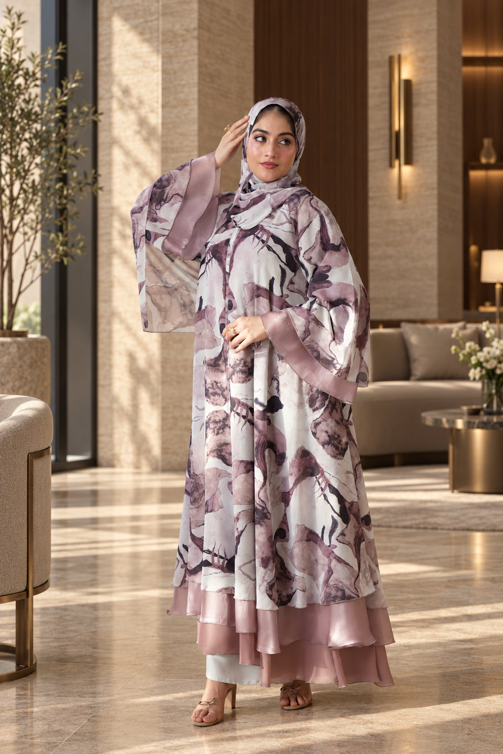 Blush Abstract Floral Layered Abaya Set - 092661