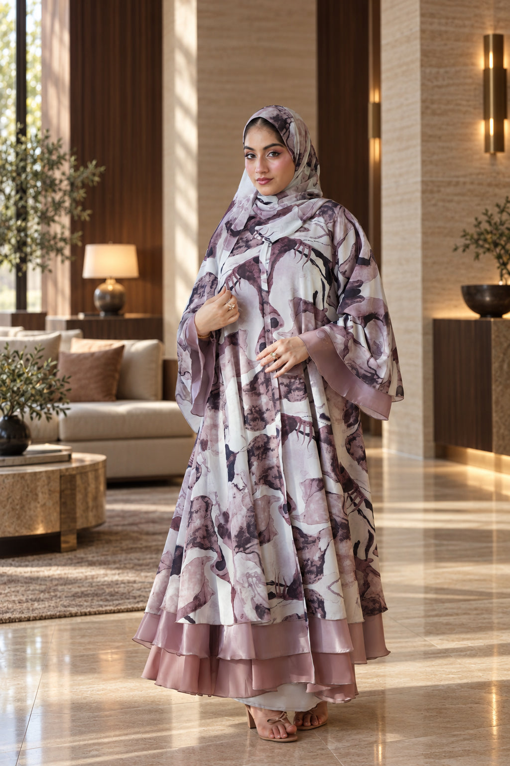 Blush Abstract Floral Layered Abaya Set - 092661