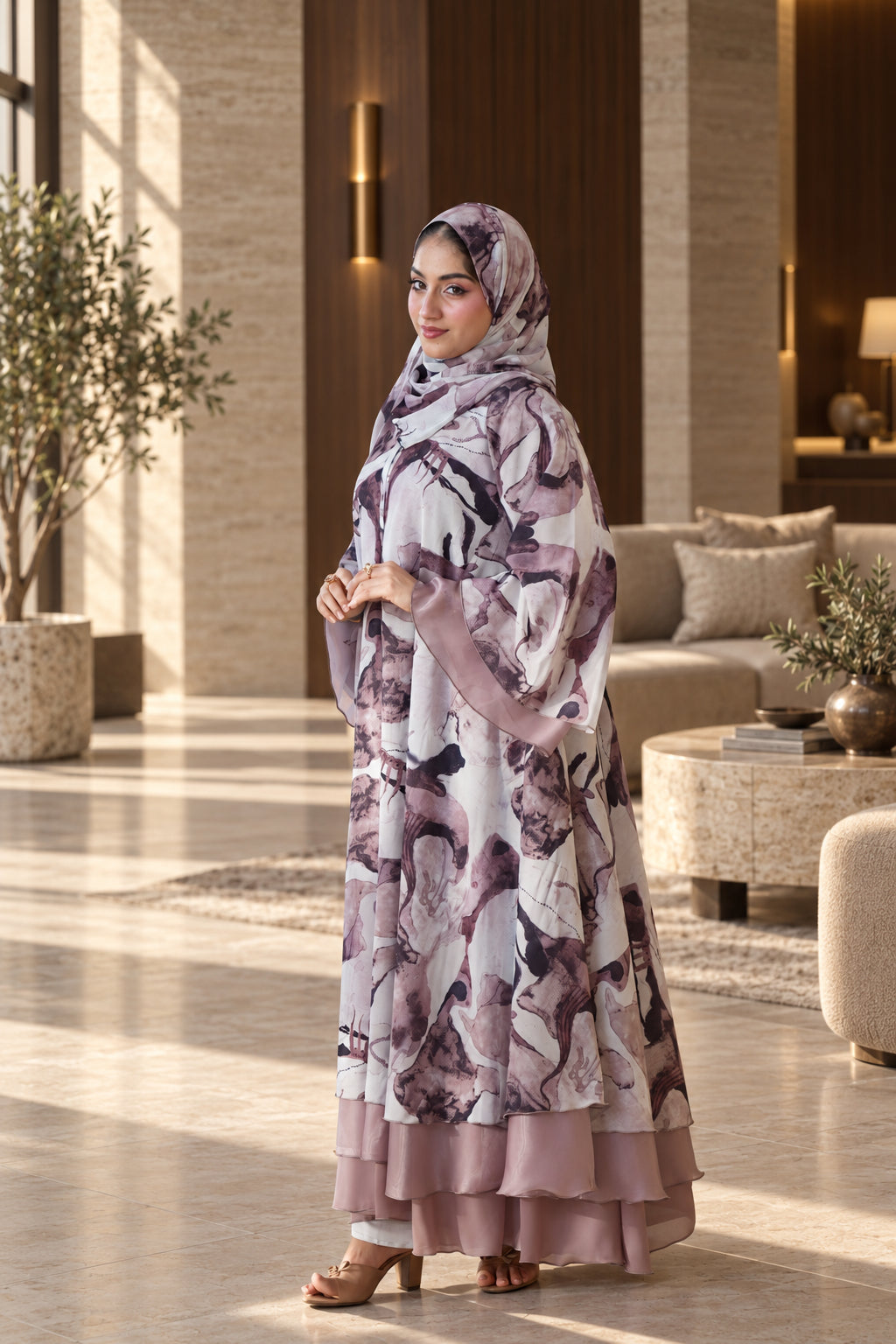 Blush Abstract Floral Layered Abaya Set - 092661