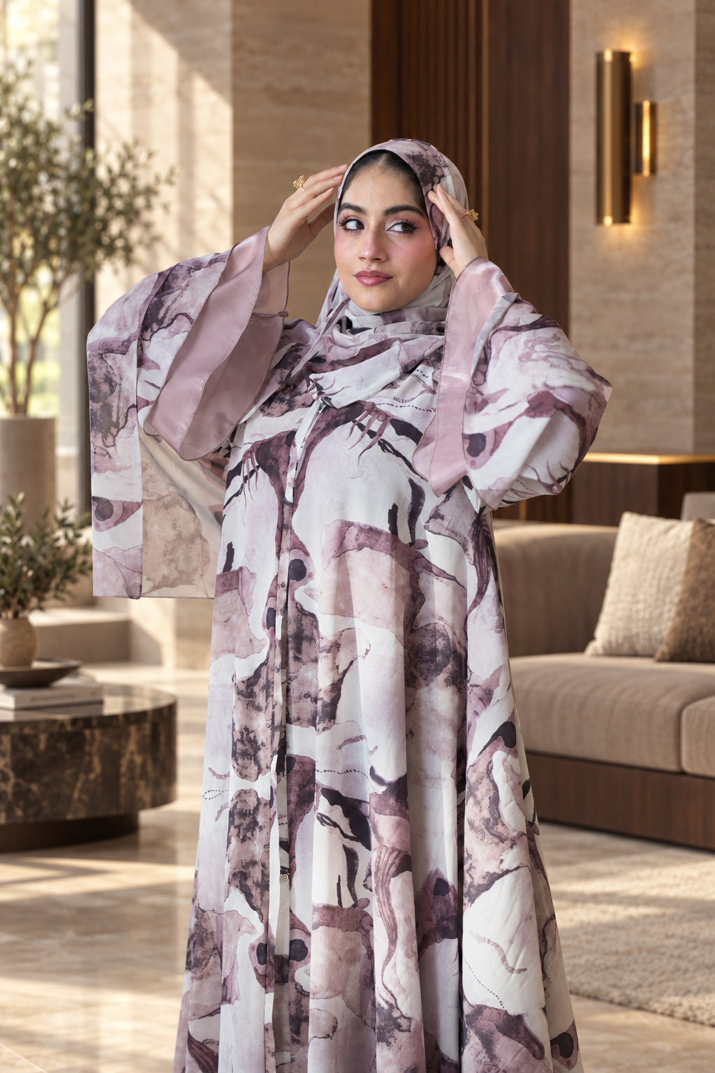 Blush Abstract Floral Layered Abaya Set - 092661