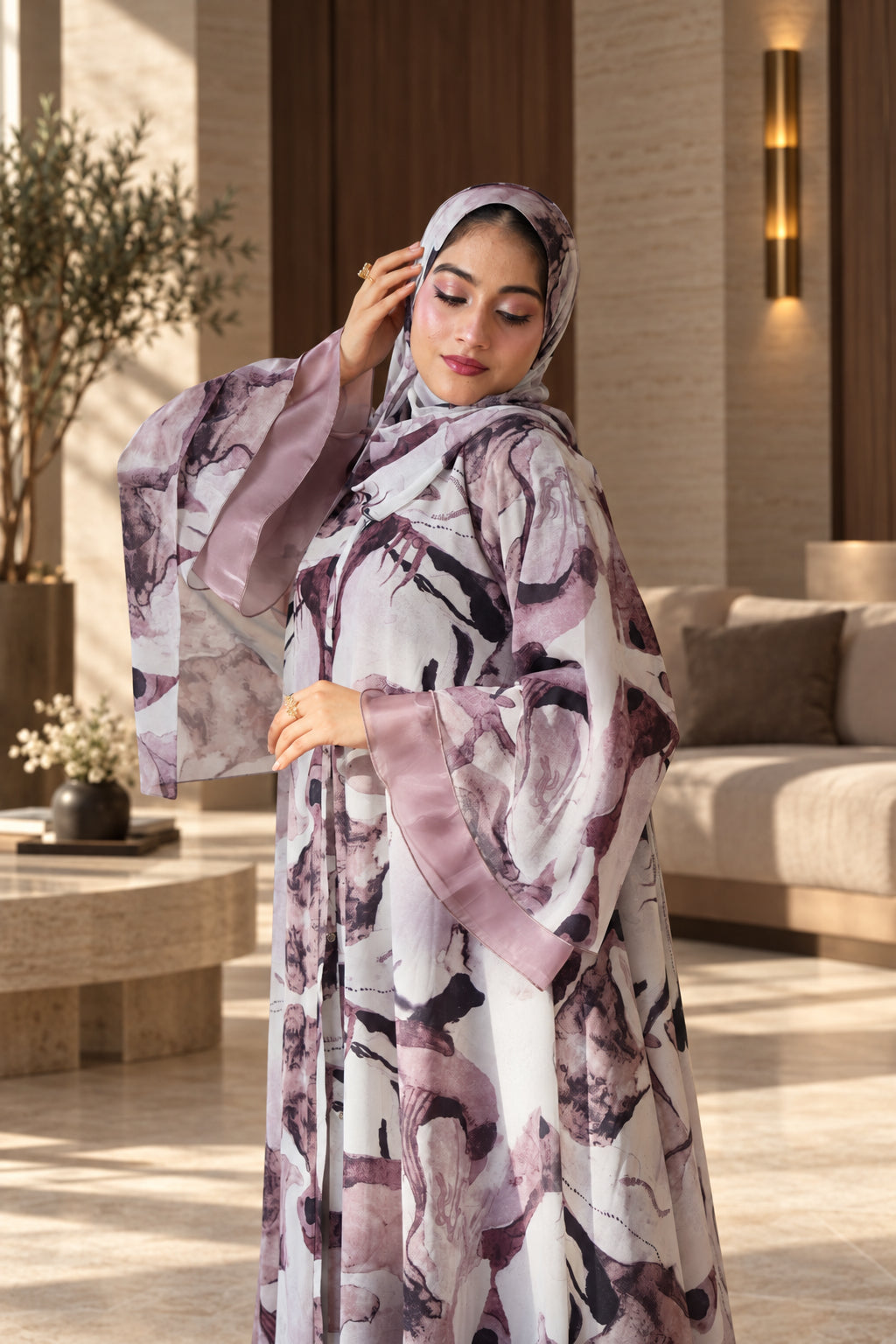 Blush Abstract Floral Layered Abaya Set - 092661