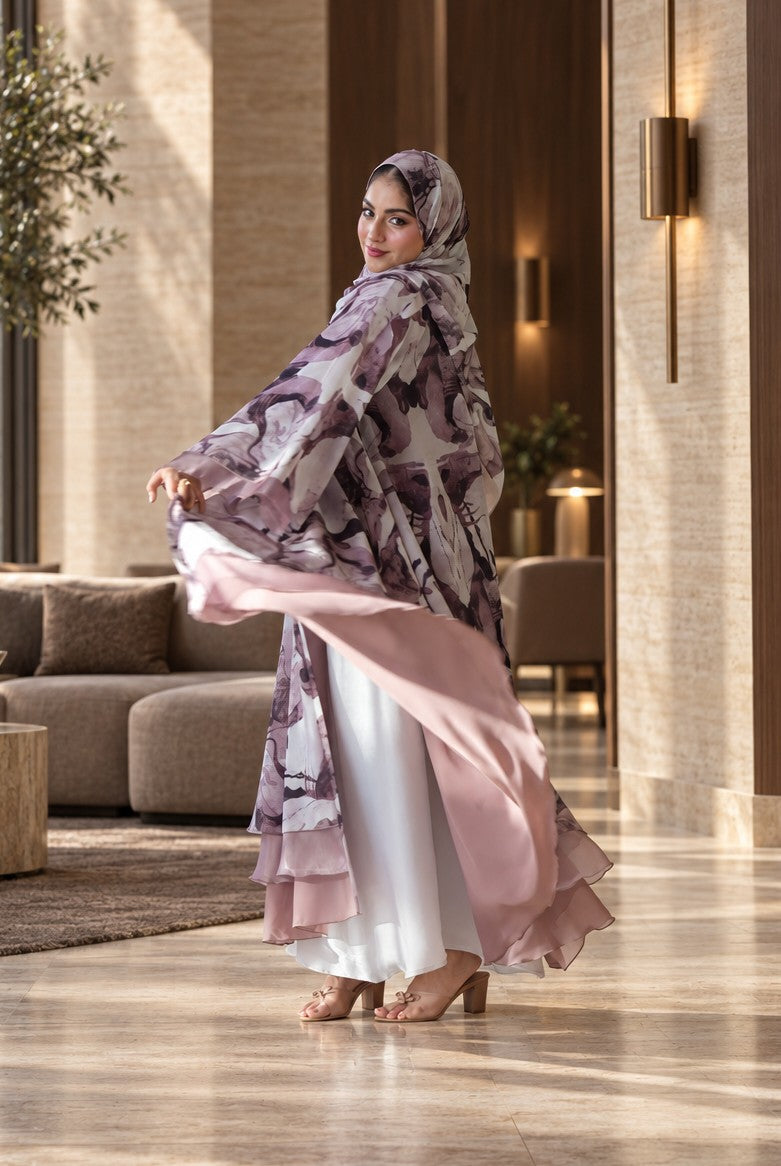 Blush Abstract Floral Layered Abaya Set - 092661