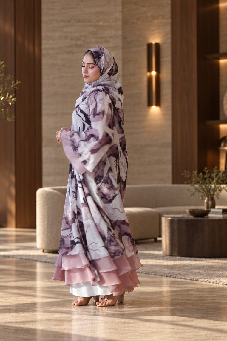 Blush Abstract Floral Layered Abaya Set - 092661