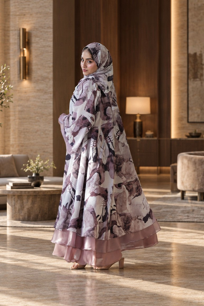 Blush Abstract Floral Layered Abaya Set - 092661