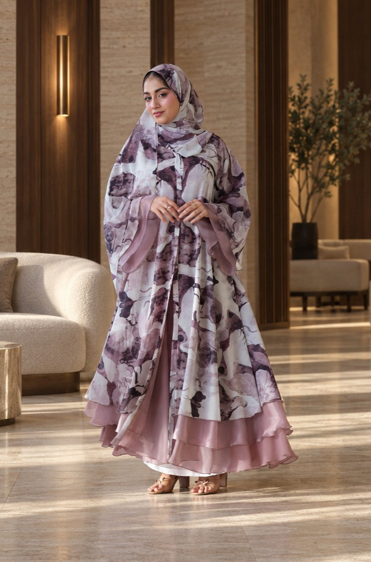 Blush Abstract Floral Layered Abaya Set - 092661