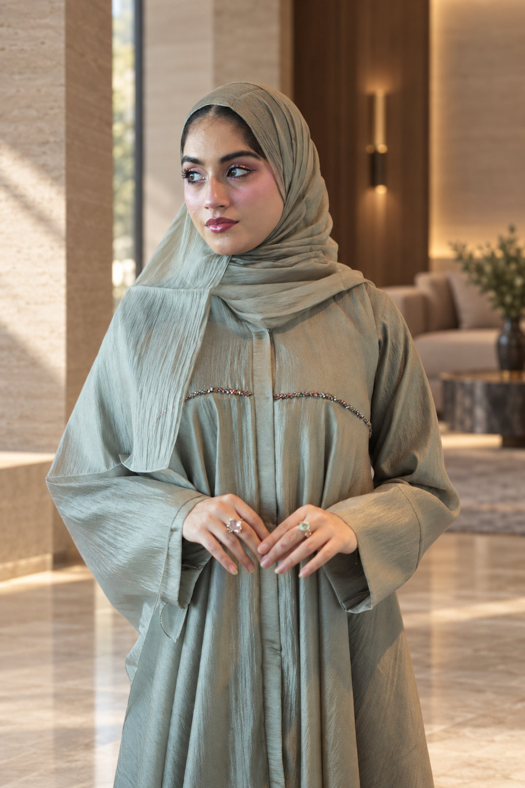 Sage Mist Pearl-Trim Layered Abaya Set