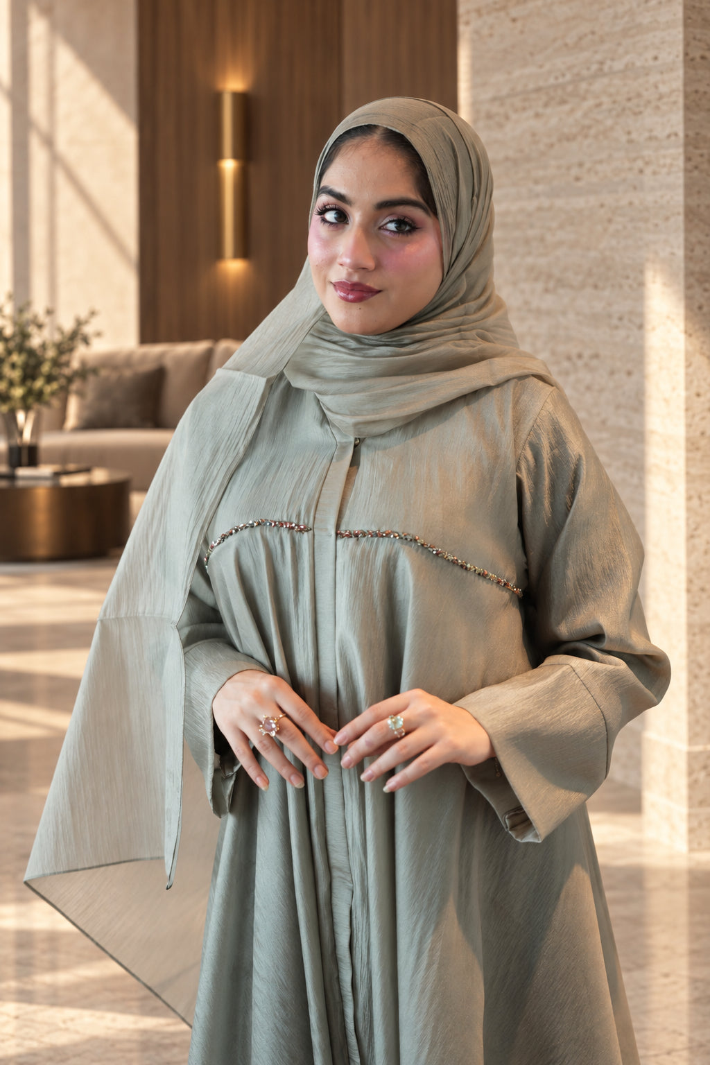 Sage Mist Pearl-Trim Layered Abaya Set