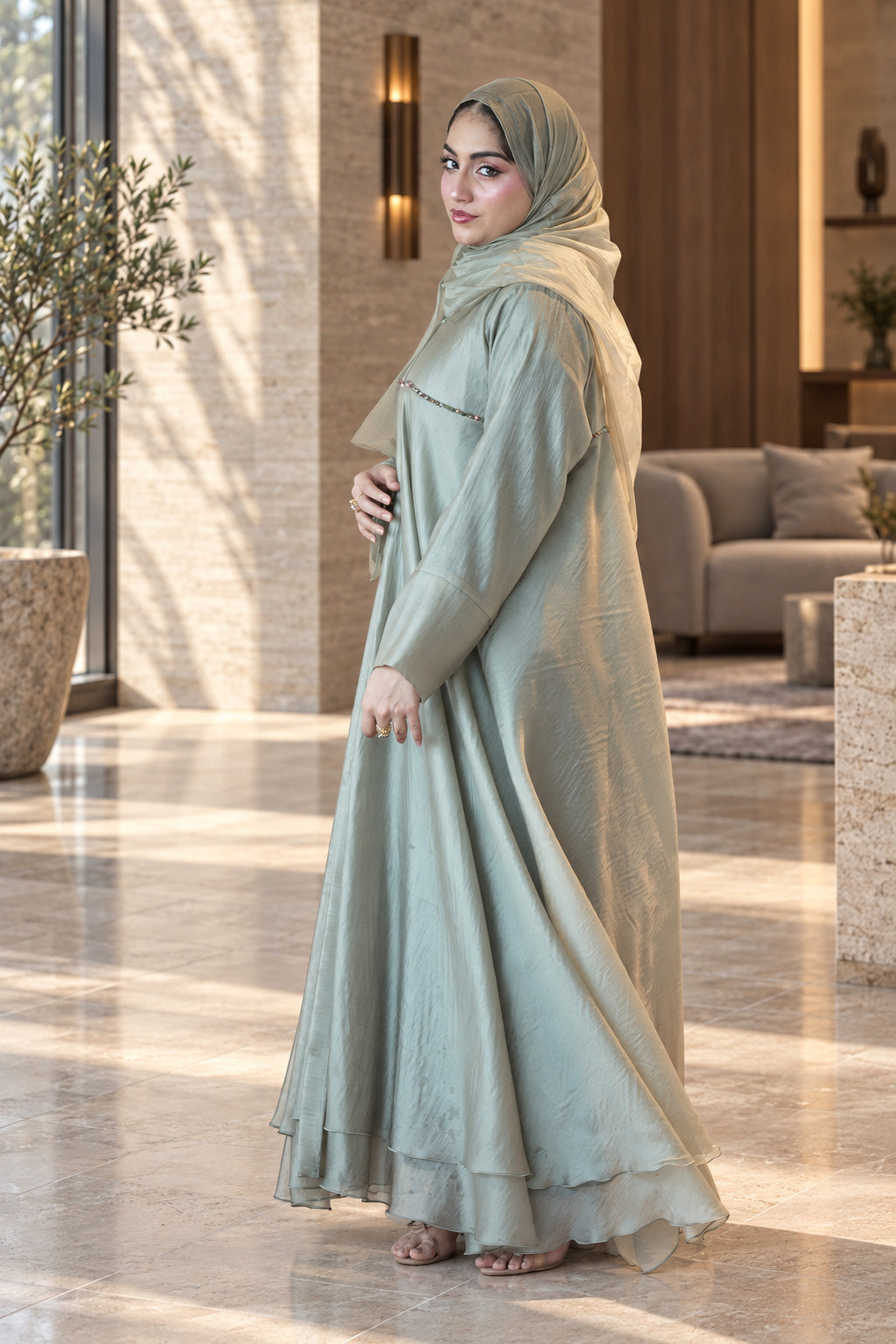 Sage Mist Pearl-Trim Layered Abaya Set