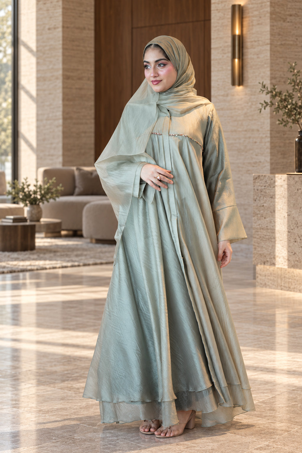 Sage Mist Pearl-Trim Layered Abaya Set