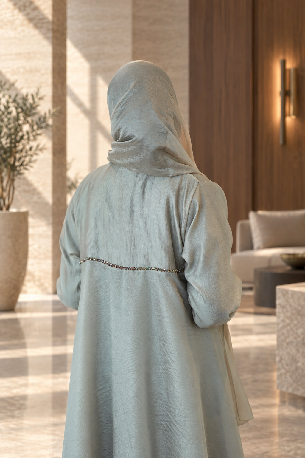 Sage Mist Pearl-Trim Layered Abaya Set