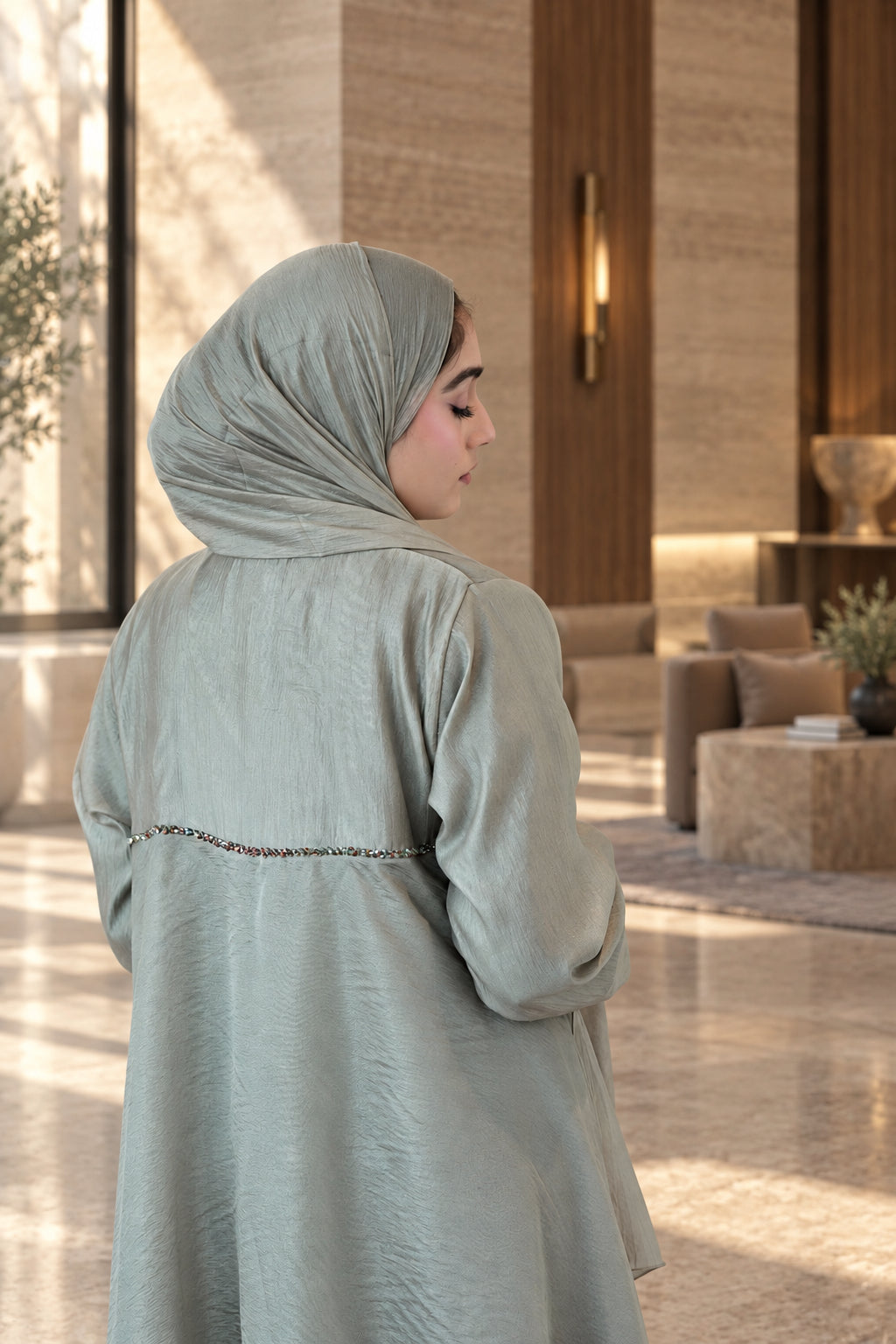 Sage Mist Pearl-Trim Layered Abaya Set