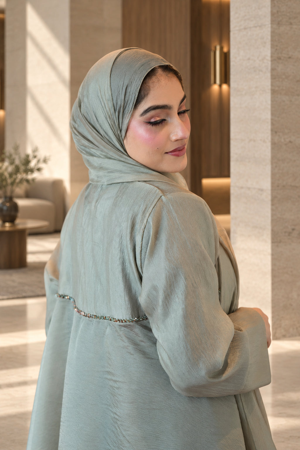 Sage Mist Pearl-Trim Layered Abaya Set