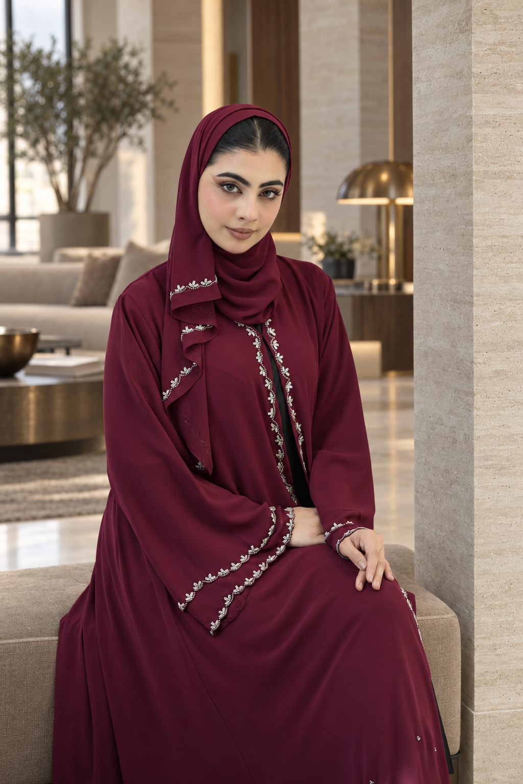Burgundy Stoned Chiffon Abaya Set - 092675