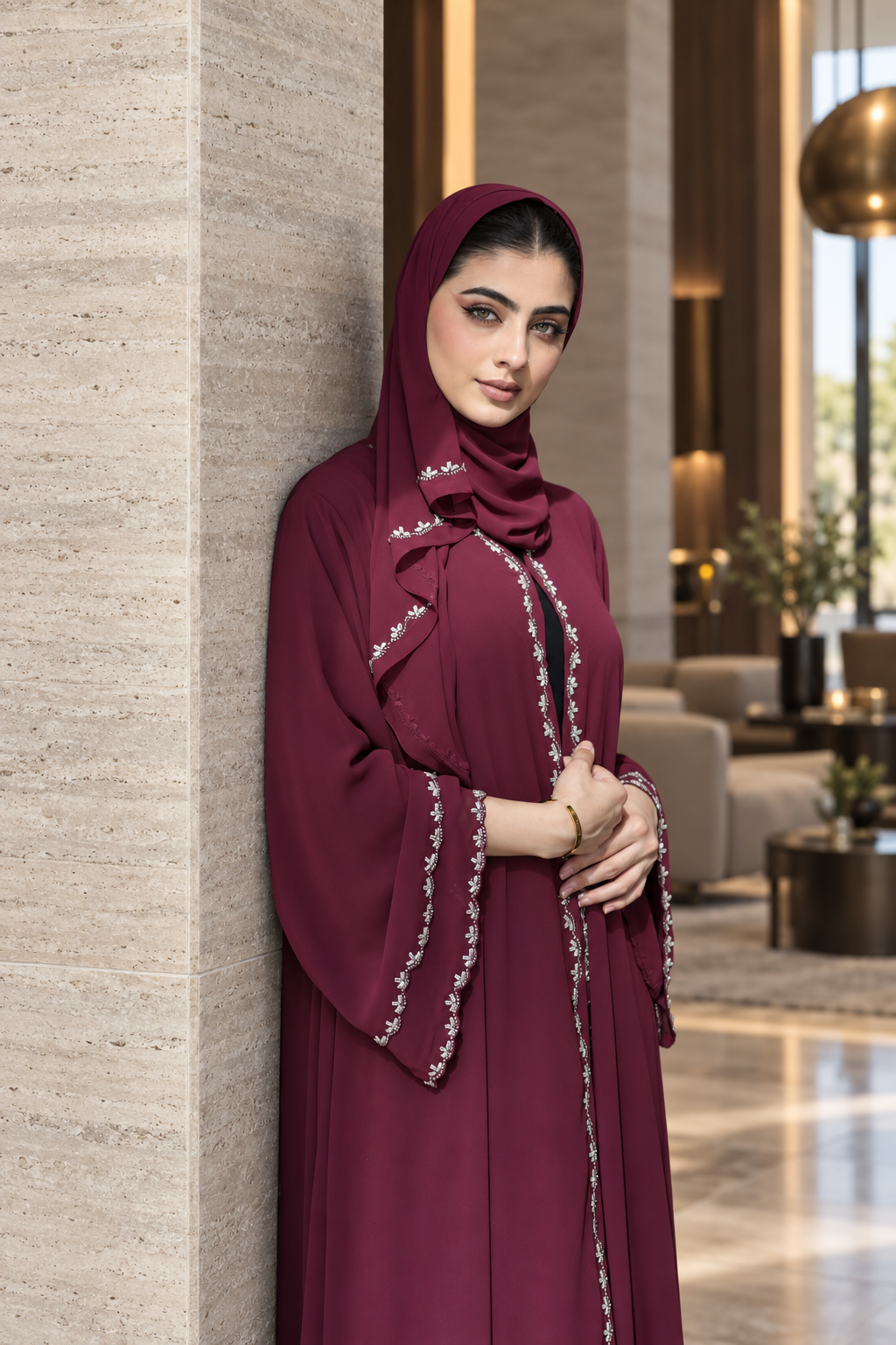 Burgundy Stoned Chiffon Abaya Set - 092675