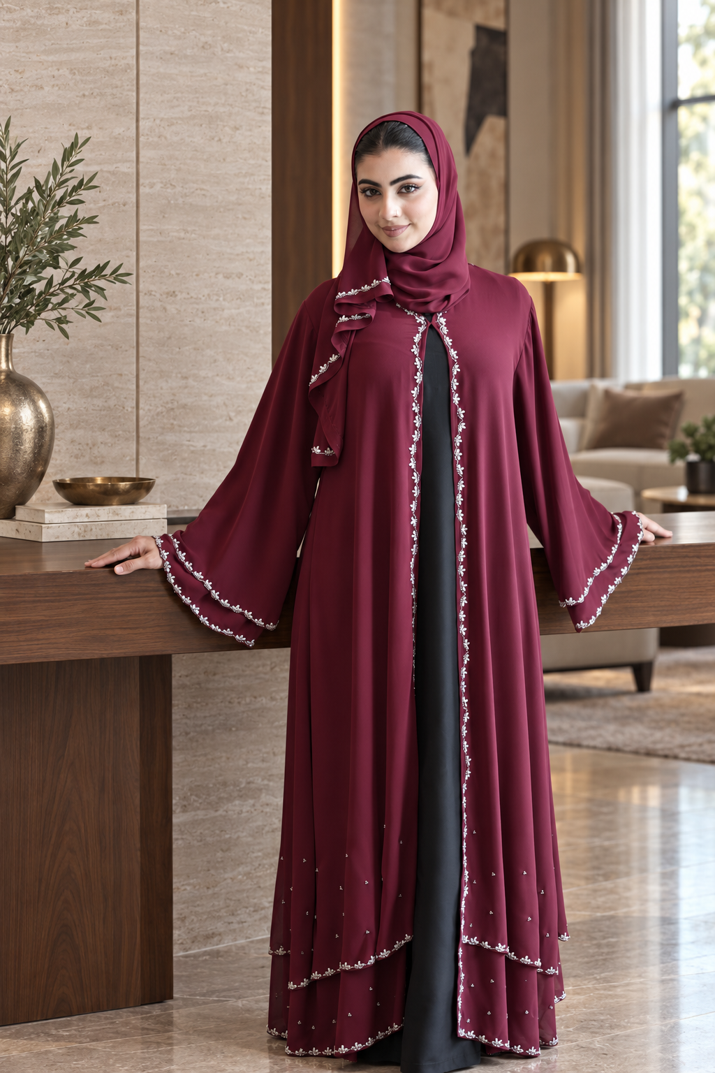 Burgundy Stoned Chiffon Abaya Set - 092675