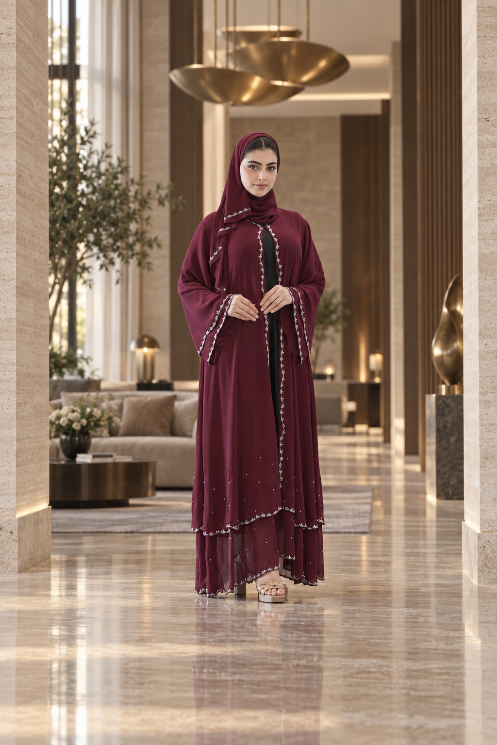 Burgundy Stoned Chiffon Abaya Set - 092675