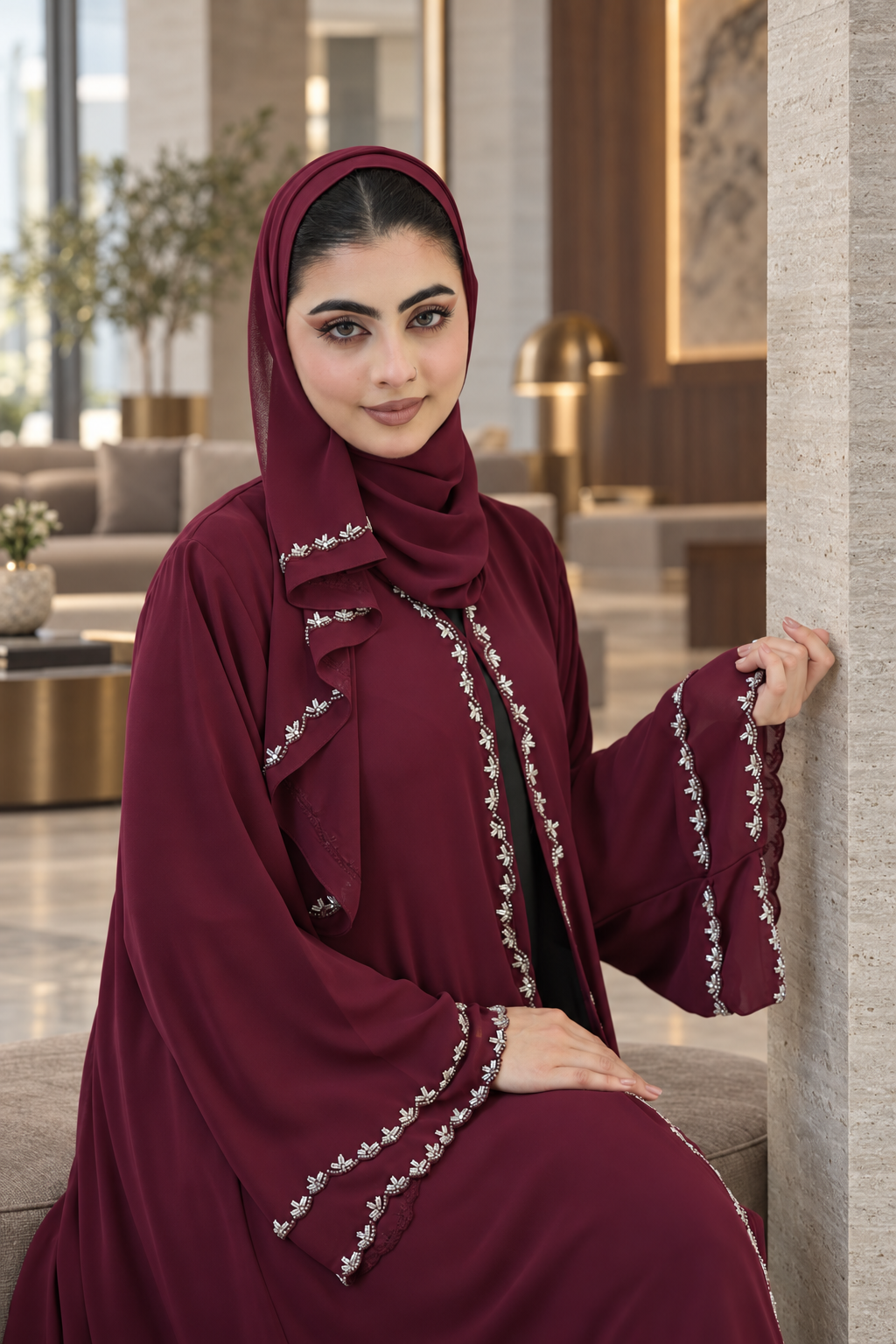 Burgundy Stoned Chiffon Abaya Set - 092675