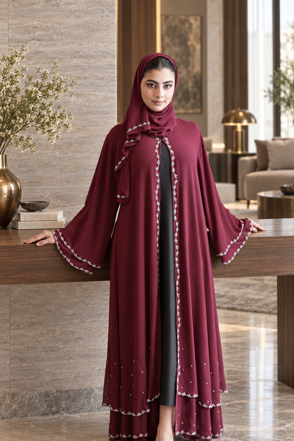 Burgundy Stoned Chiffon Abaya Set - 092675