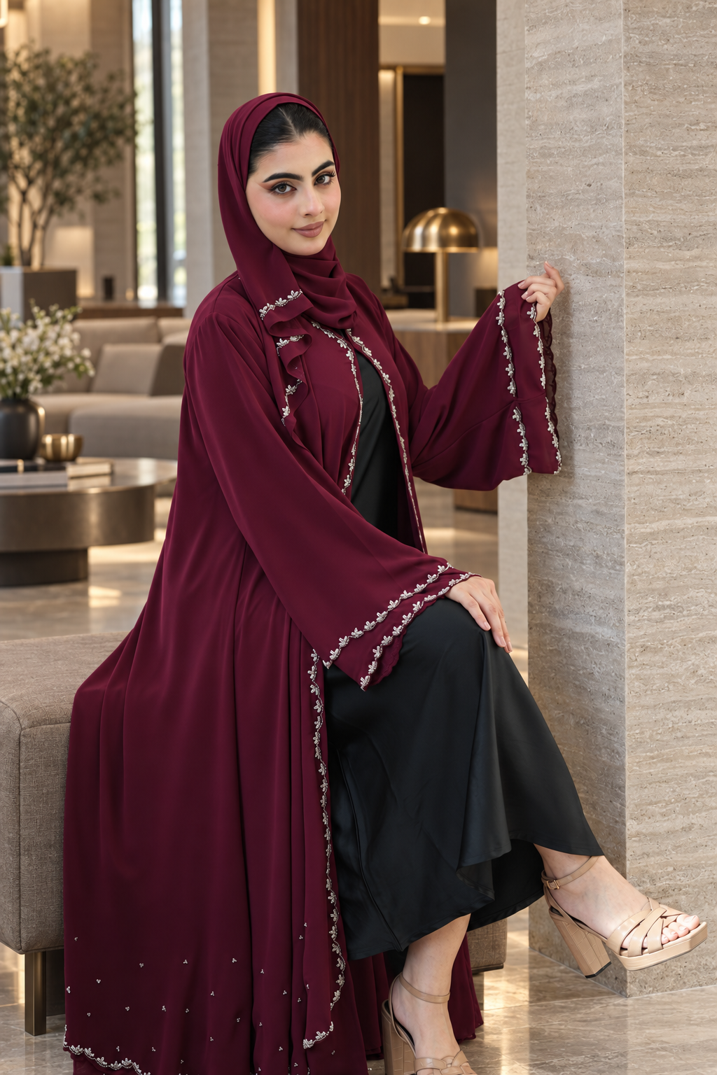 Burgundy Stoned Chiffon Abaya Set - 092675