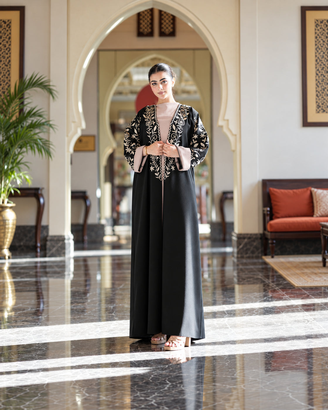Black Floral Embroidered Abaya Set - 0926171