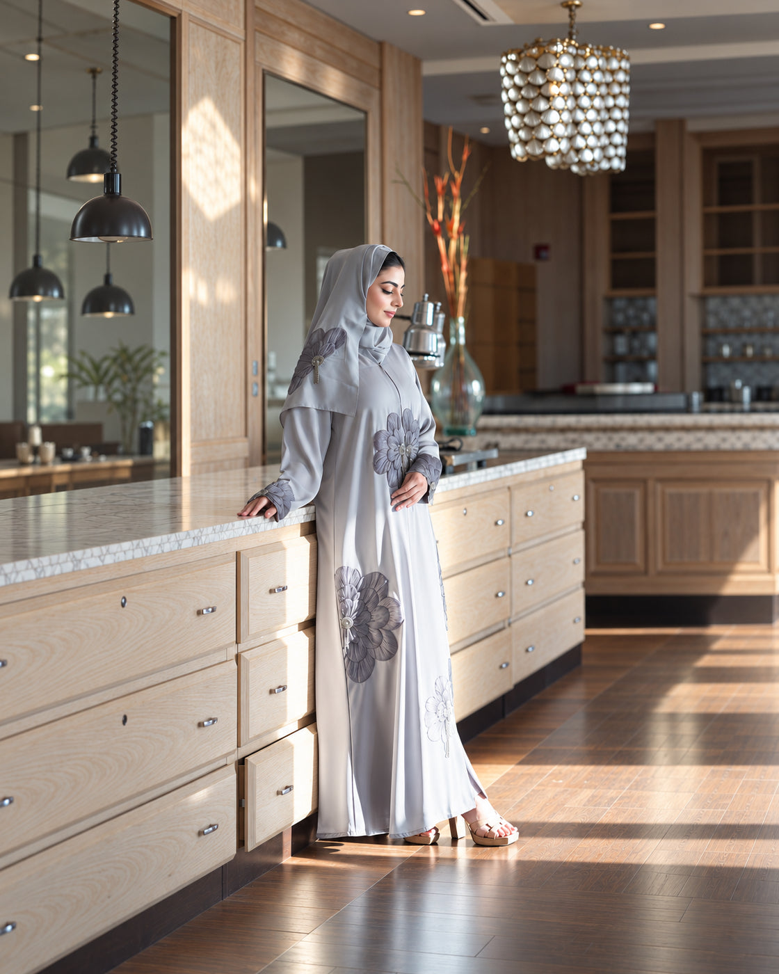 Silver Grey 3D Floral Abaya - 0926172