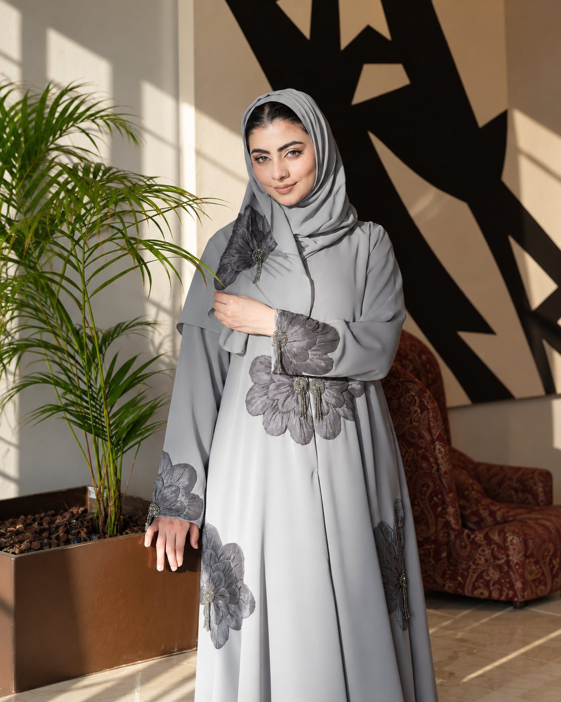 Silver Grey 3D Floral Abaya - 0926172
