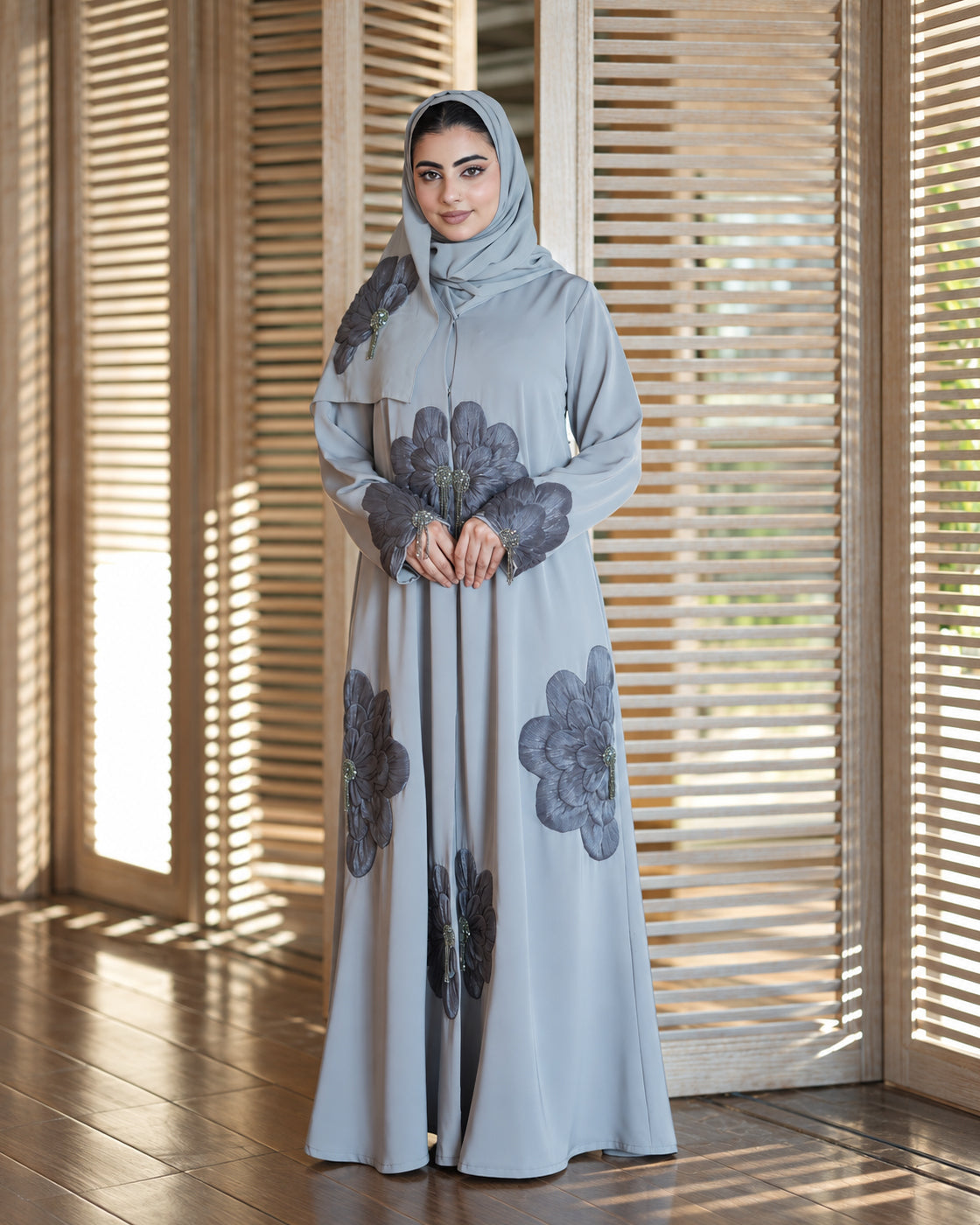Silver Grey 3D Floral Abaya - 0926172