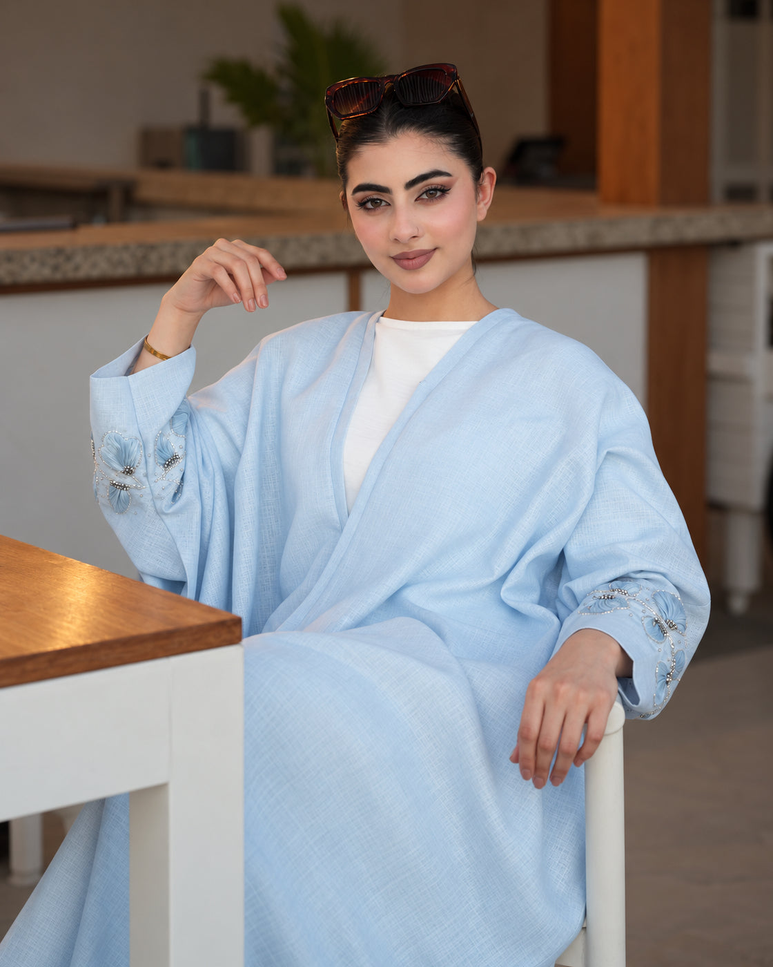 Powder Blue Floral Embellished Abaya - 0926178