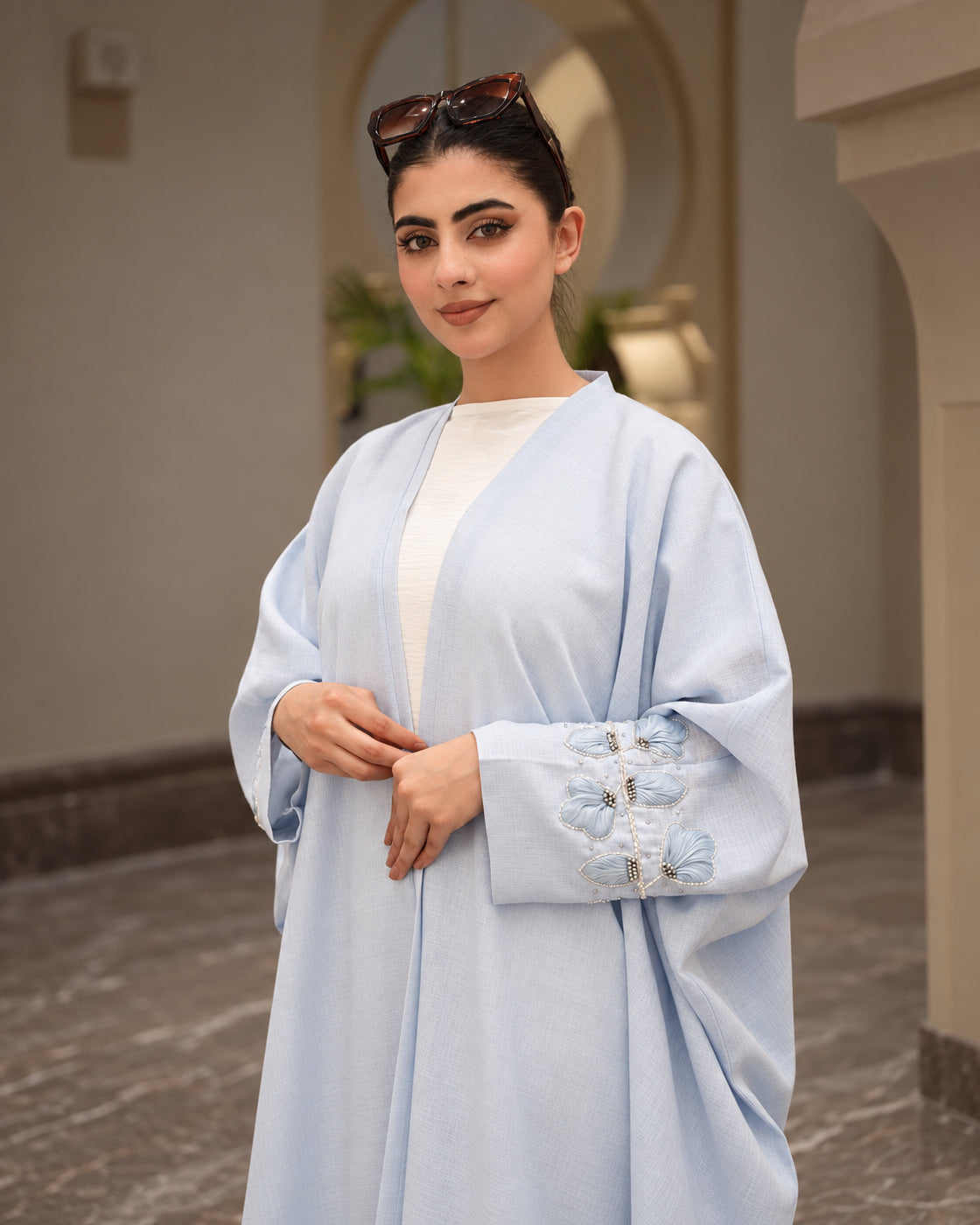 Powder Blue Floral Embellished Abaya - 0926178