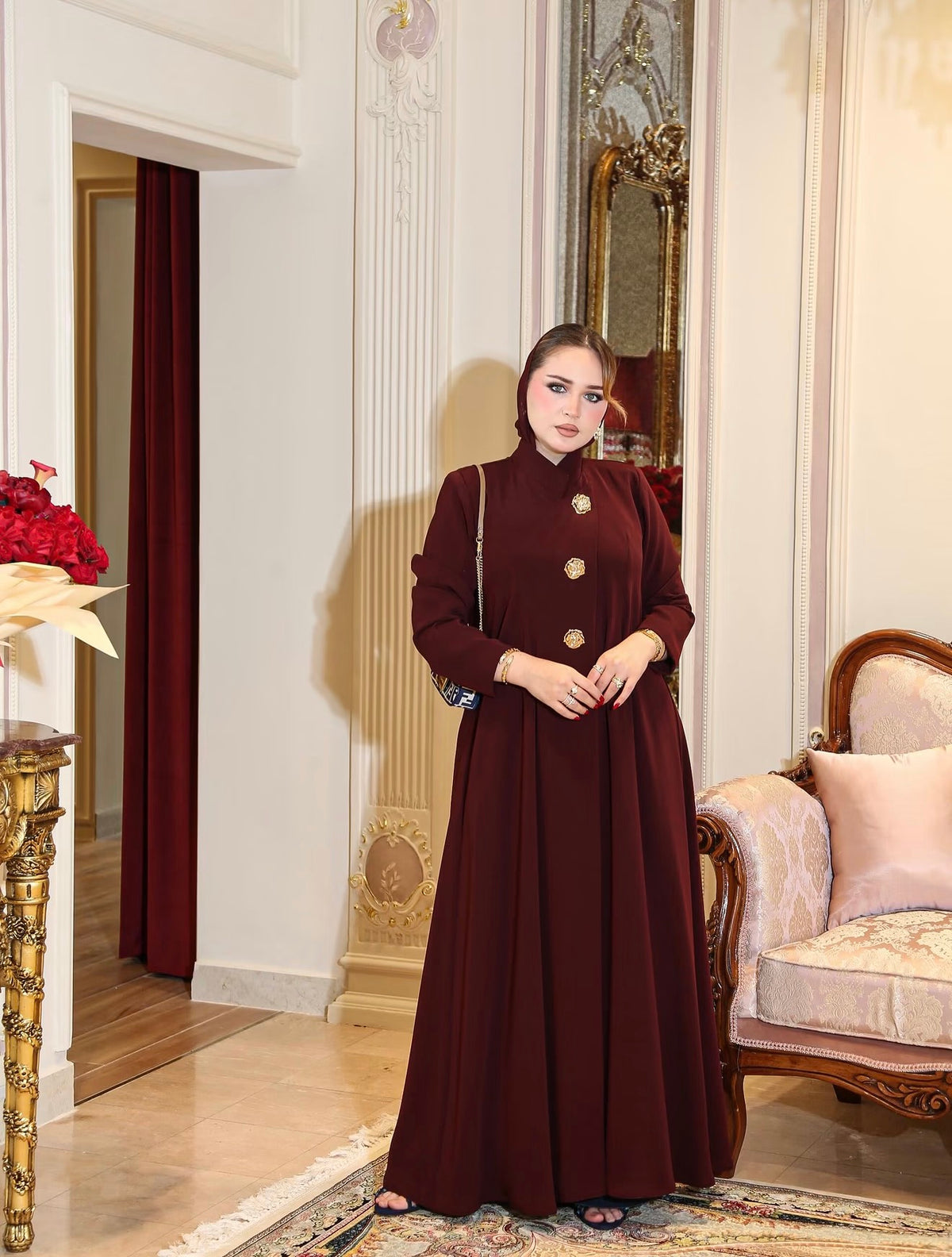 Burgundy Gold-Button Abaya - 0926126