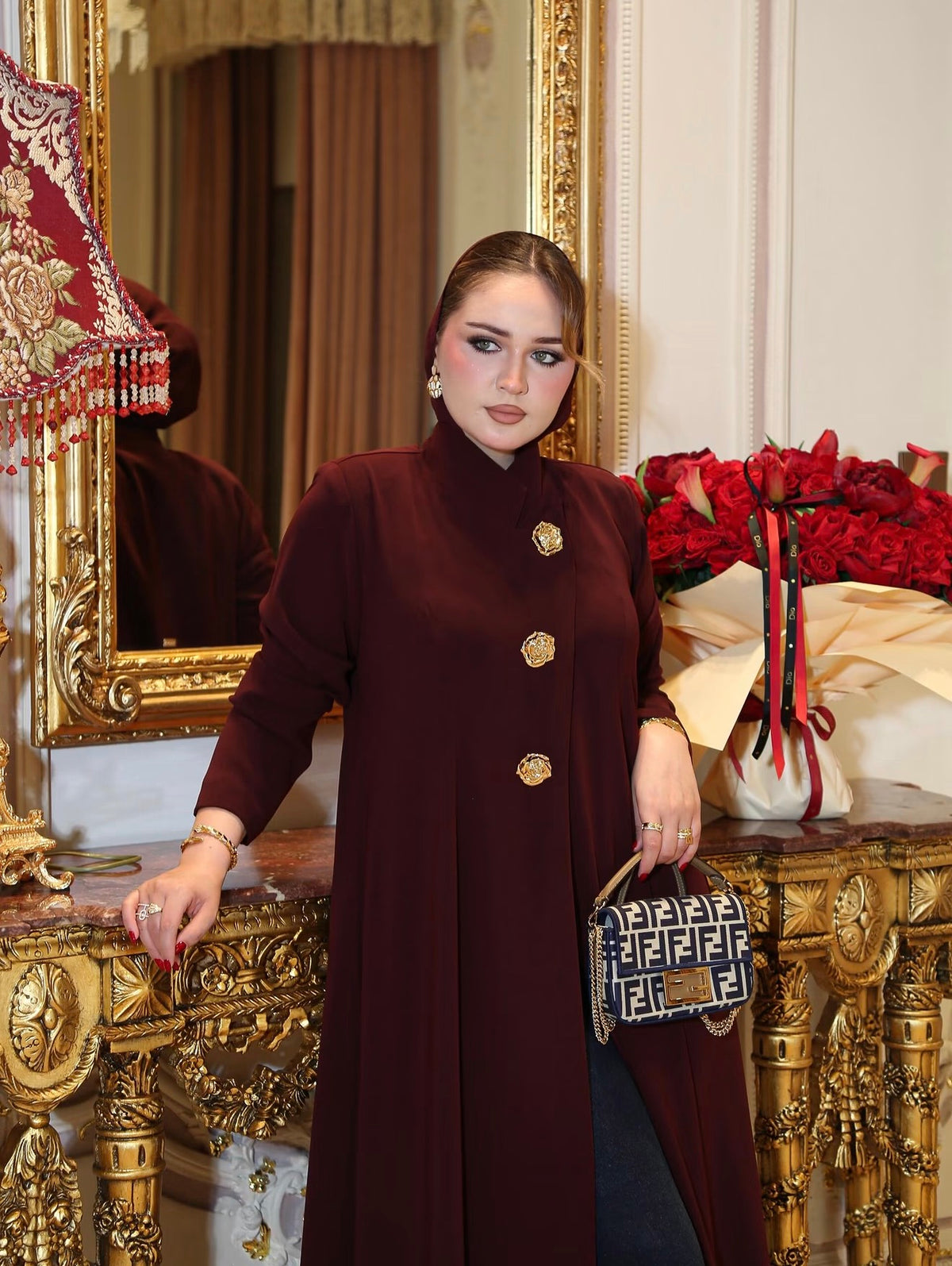 Burgundy Gold-Button Abaya - 0926126