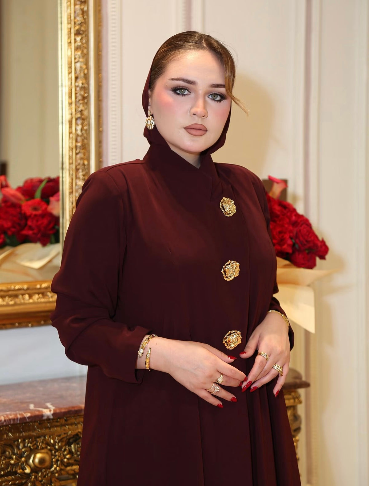 Burgundy Gold-Button Abaya - 0926126