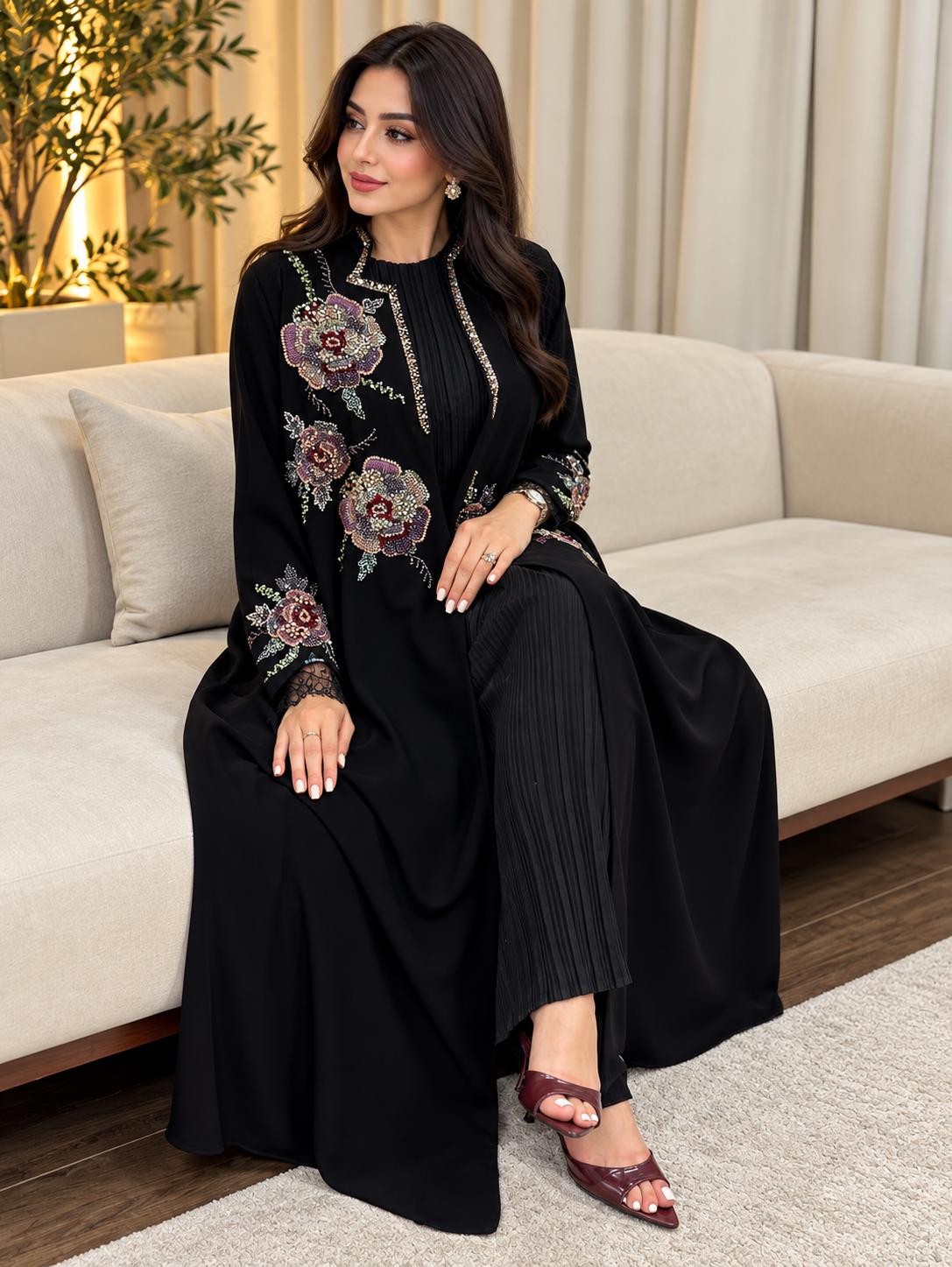 Black Floral Embellished Pleated Abaya - 0926111