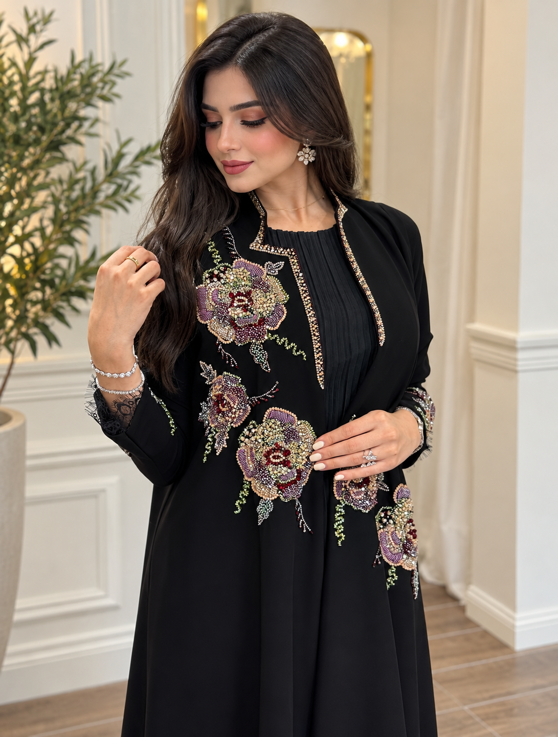 Black Floral Embellished Pleated Abaya - 0926111