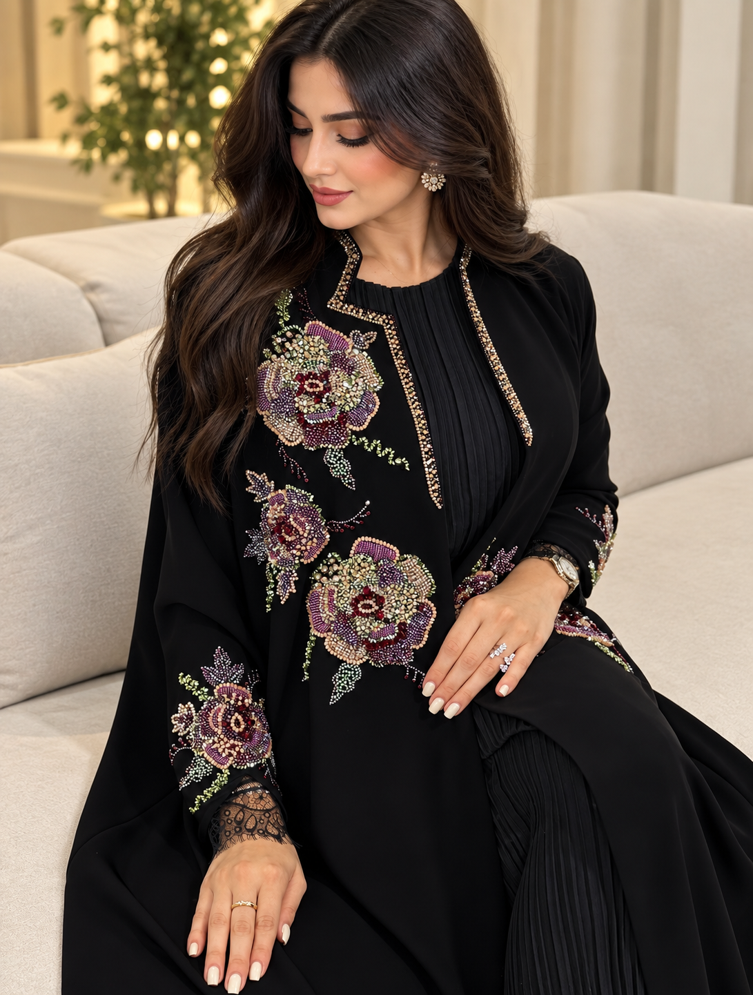 Black Floral Embellished Pleated Abaya - 0926111