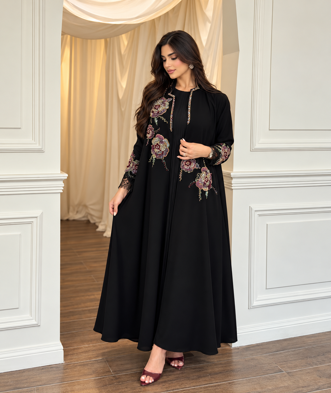 Black Floral Embellished Pleated Abaya - 0926111