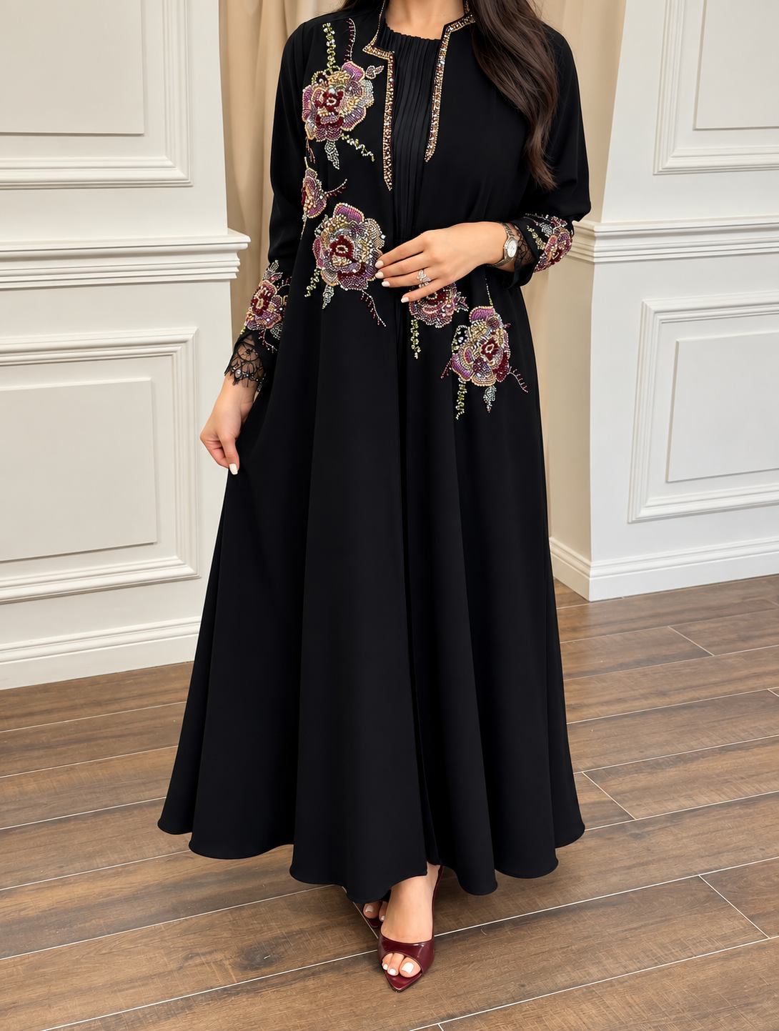 Black Floral Embellished Pleated Abaya - 0926111