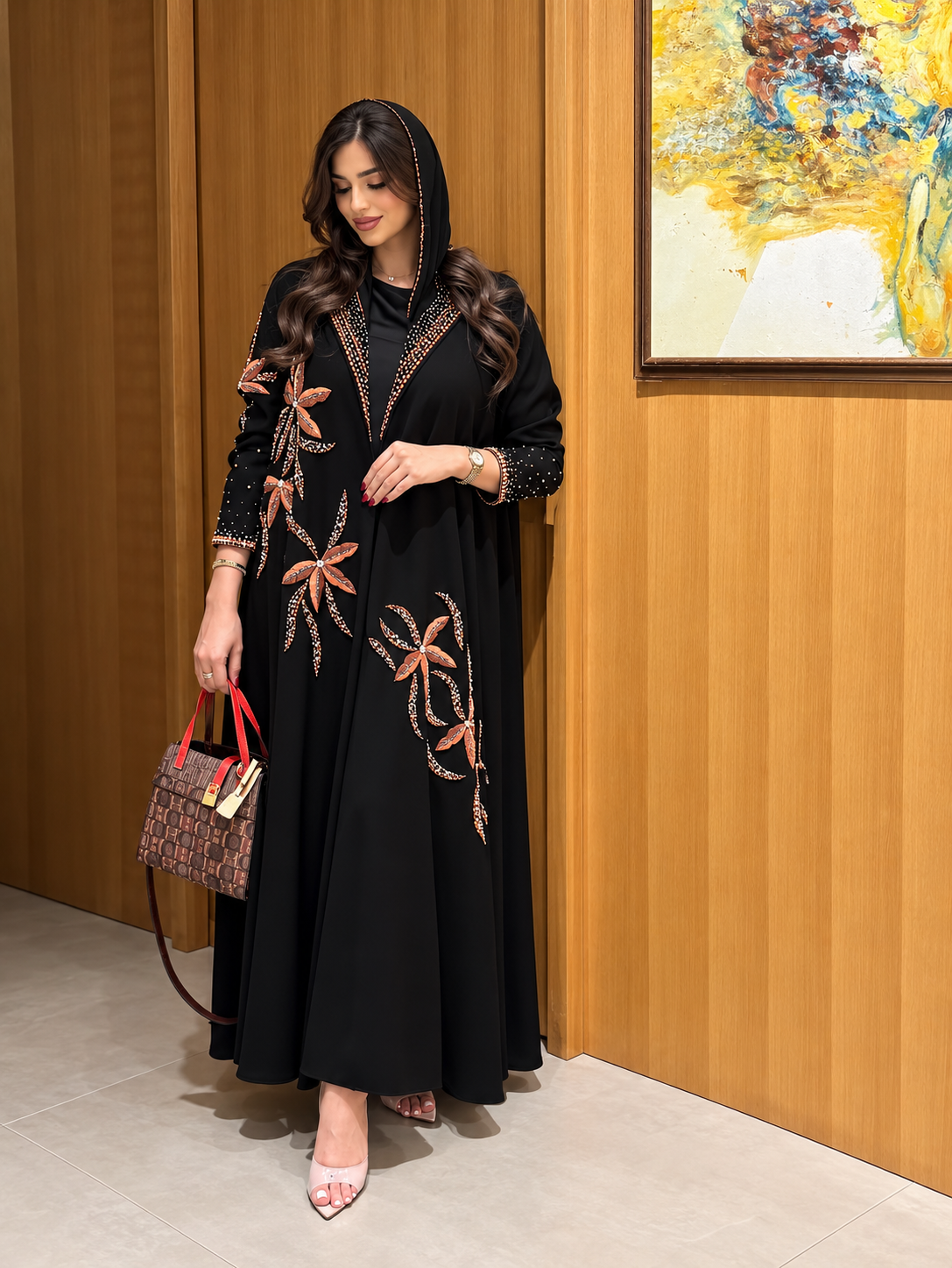 Black &amp; Burnt Orange Floral Embellished Hooded Abaya - 0926112