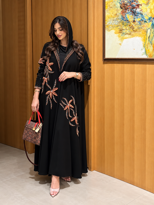 Black &amp; Burnt Orange Floral Embellished Hooded Abaya - 0926112