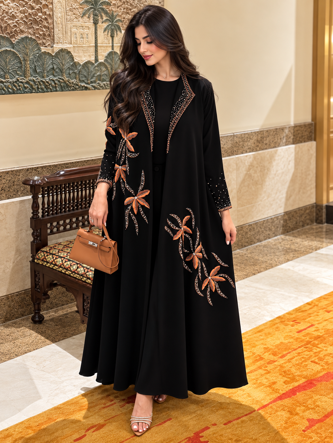 Black &amp; Burnt Orange Floral Embellished Hooded Abaya - 0926112