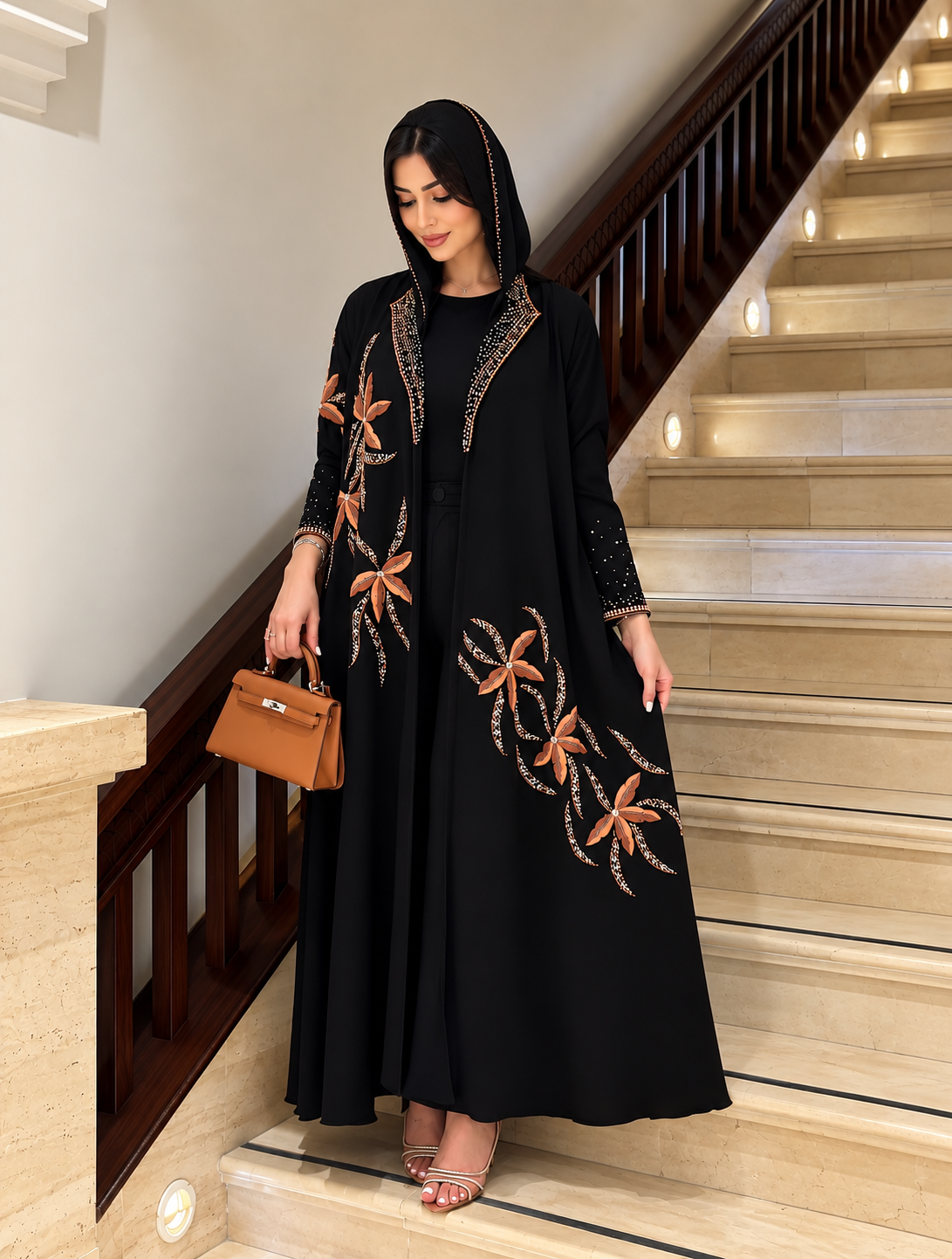 Black &amp; Burnt Orange Floral Embellished Hooded Abaya - 0926112
