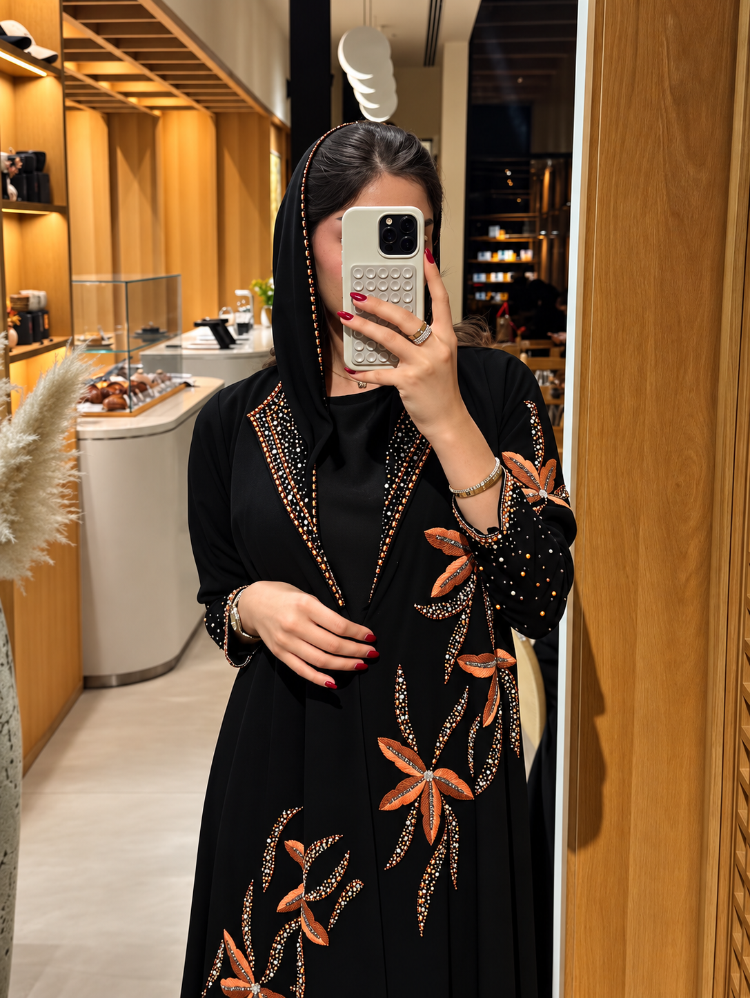 Black &amp; Burnt Orange Floral Embellished Hooded Abaya - 0926112