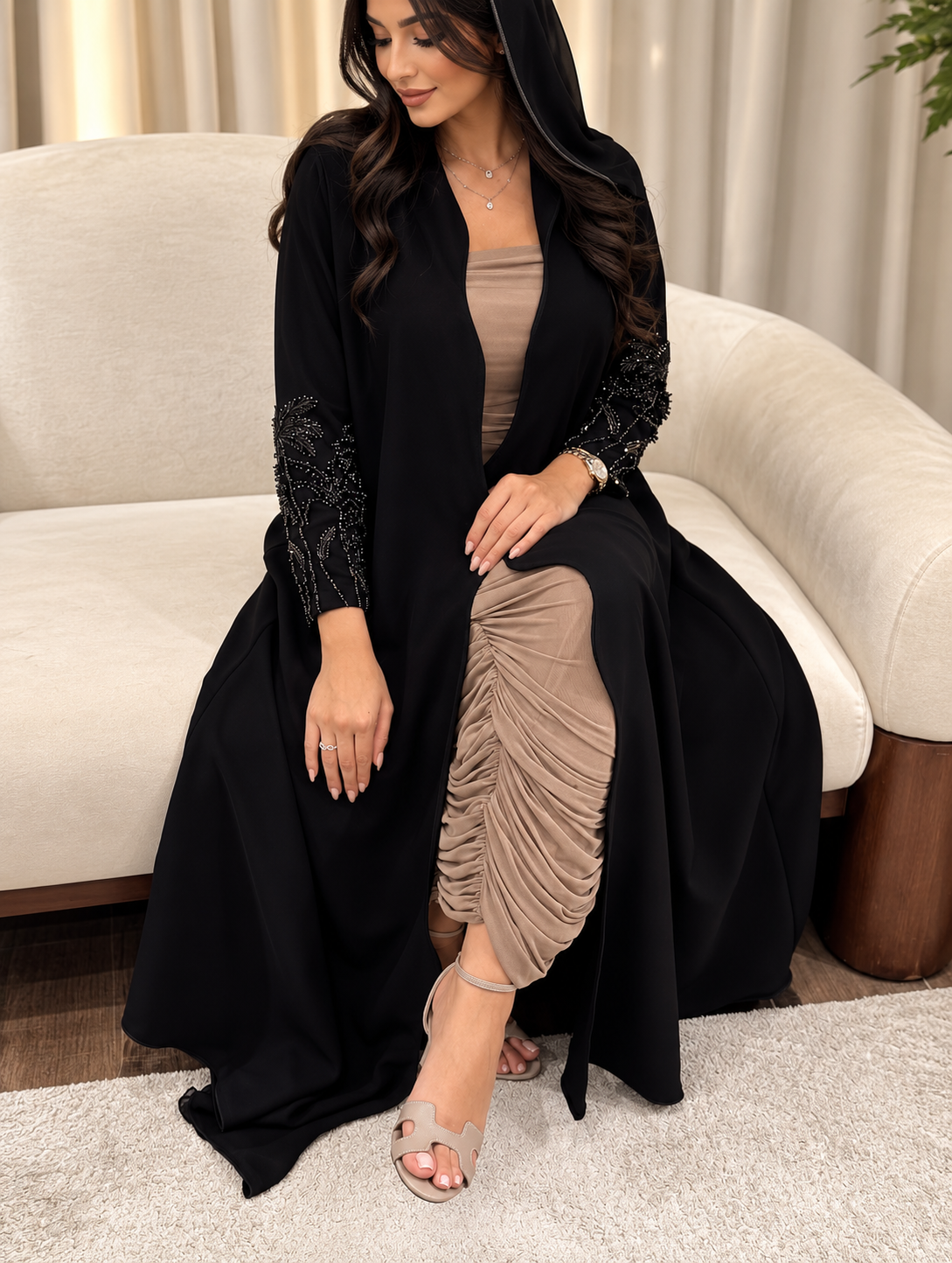 Black Hooded Open-Front Abaya with Beaded Sleeve - 0926113