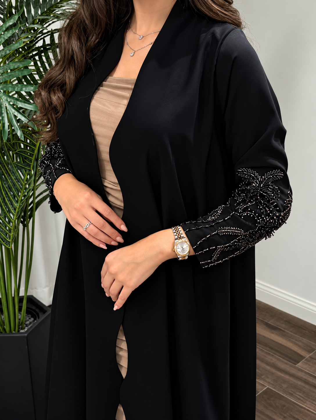 Black Hooded Open-Front Abaya with Beaded Sleeve - 0926113