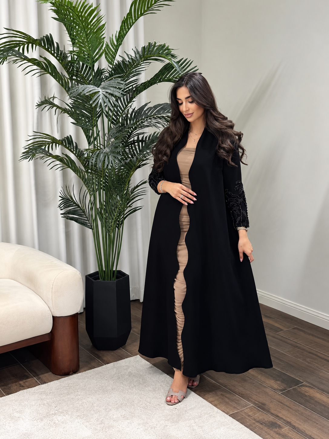 Black Hooded Open-Front Abaya with Beaded Sleeve - 0926113