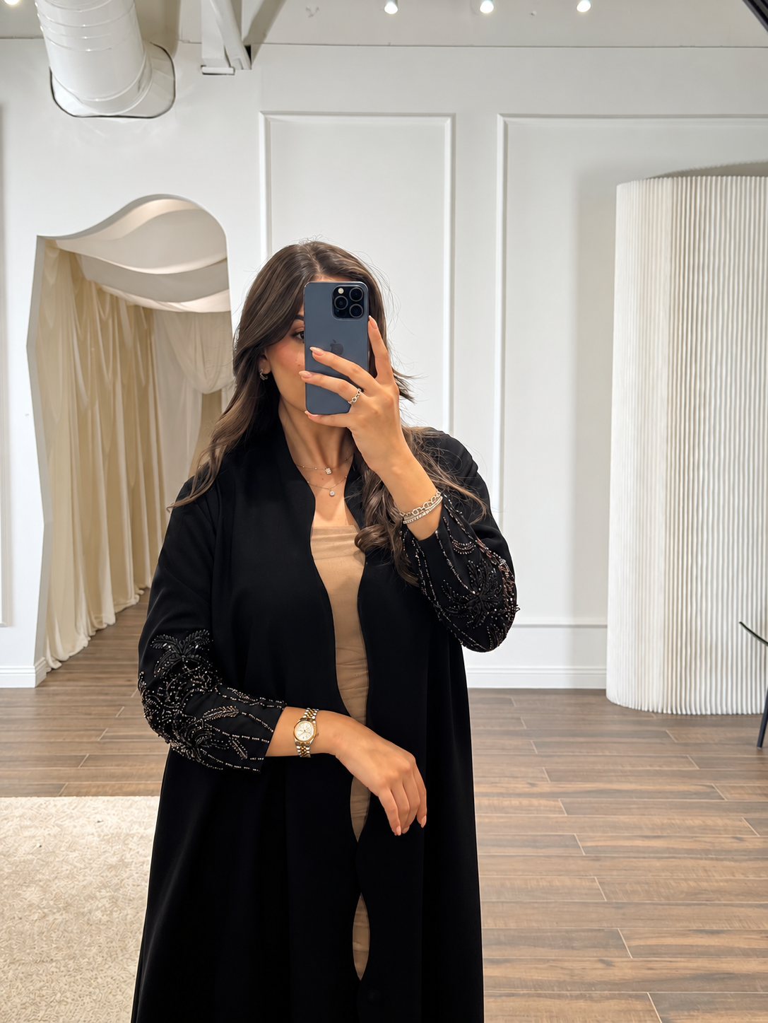 Black Hooded Open-Front Abaya with Beaded Sleeve - 0926113