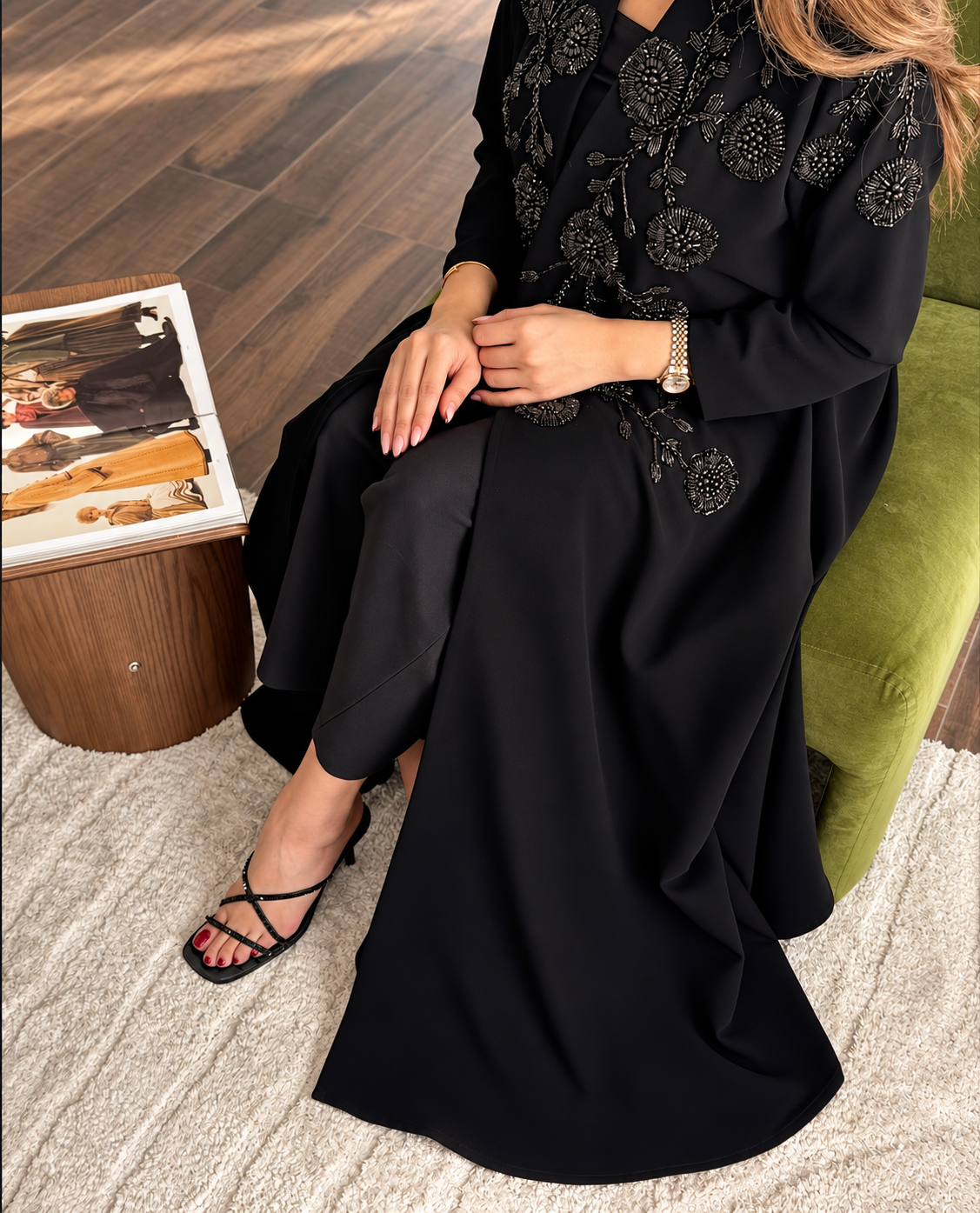 Black Hooded Abaya with Monochrome Floral Beaded Embroidery - 0926114